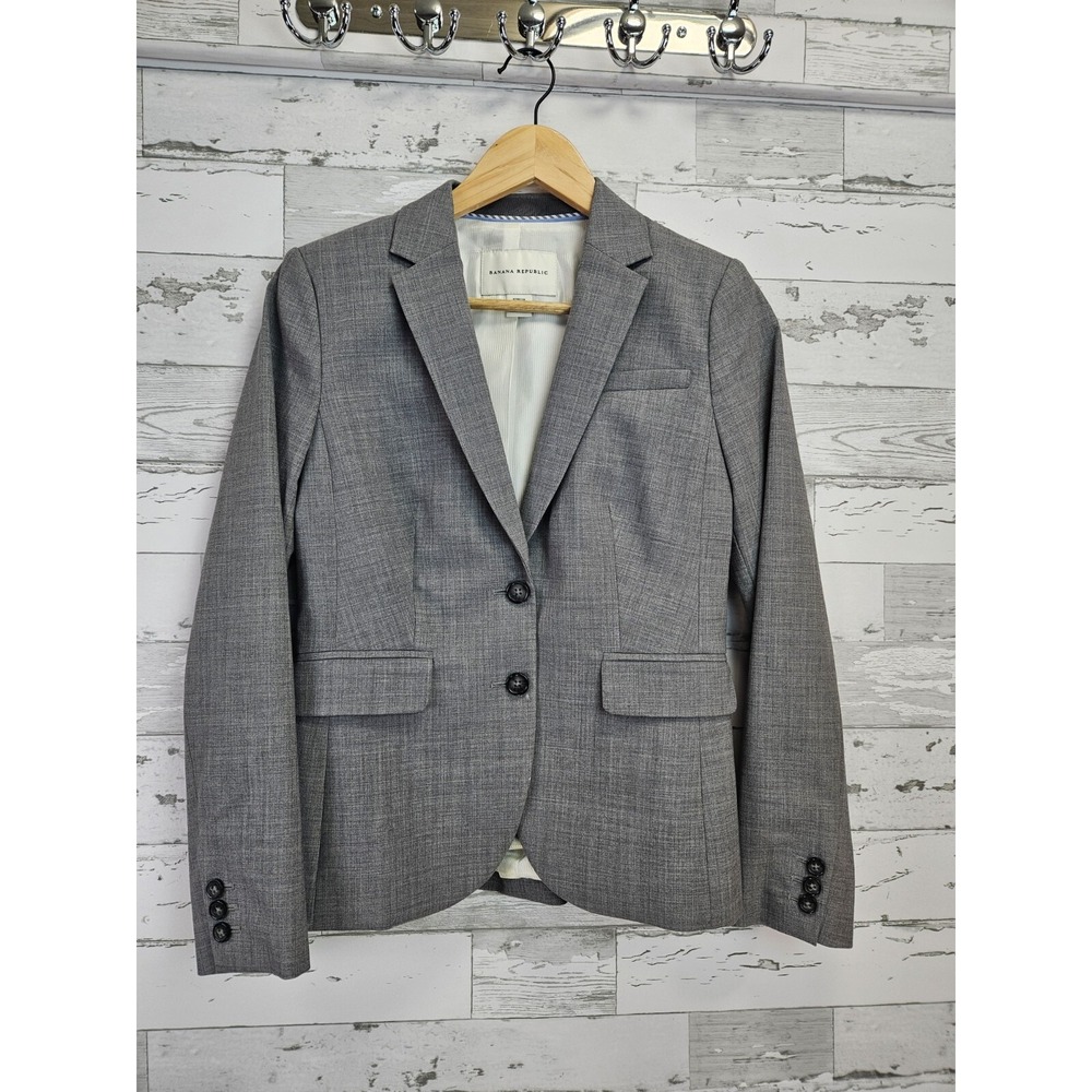 Banana Republic Gray Stretch Wool Blazer Jacket Womens 4P Petite 2-Button Lined
